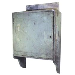 Very old 1 door 4 compartment hanging wooden cupboard w/old green paint, 36"H.