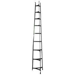 9 tiered iron pot rack w/penny feet, painted green, 6'H.