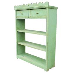 Hanging shelf w/2 drawers, scalloped top crown & green paint, 49"H.
