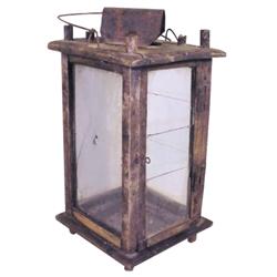 Primitive wood & tin lantern, 2 panels of glass are cracked, 12" H.