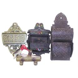 Lot of 4:  2 iron matcholders, 1 brass matcholder & 1 woodpecker toothpick holder.
