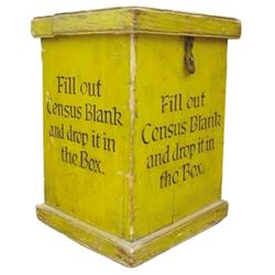 Census box w/ mustard paint, "Census" is misspelled, 18" H.