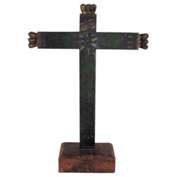 Primitive wooden cross, Southwestern, old red, green & gold paint, 16 1/2" H.