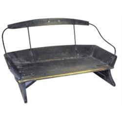 Wooden wagon seat, old green paint & hand wrought metal hardware, 37" W.