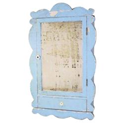 Hanging medicine cabinet in robin's egg blue paint, fancy scalloped front, 29" H.