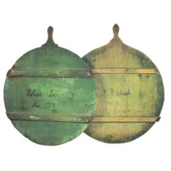 Lot of 2 round wooden breadboards dated 1908 & 1925 w/old green paint.