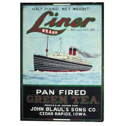 Contemporary wood trade sign, “Liner Green Tea-John Blaul, Cedar Rapids, IA.” Wonderful color & grap