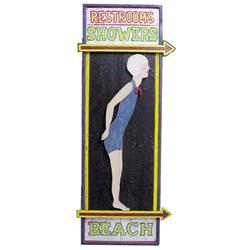 Contemporary wooden “Restrooms- Showers -Beach” sign, cutout girl in bathing suit, made from old woo