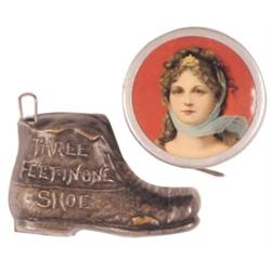 Queen Quality celluloid tape measure w/Ashton, IL adv. & "Threefeet in One Shoe" figural metal tape 