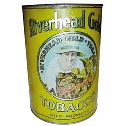 Tobacco tin, "Riverhead Gold." Large size. Excellent condition, 9"H.