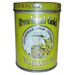 Tobacco tin, "Riverhead Gold." Small size. Ex. cond. 6"H.