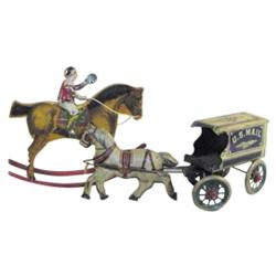 Lot of 2 toys:  Litho on tin U.S. Mail Wagon, 11" L. & tin man on wood rocking horse w/tin legs.