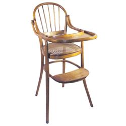 Children's curved back oak high chair w/caned seat, 38" H.