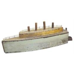 Handmade wooden ship in the form of the "Titanic", old green paint, 29" L.