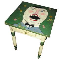 Old wooden side/end table painted green & cream, "Folky" man's face painted on  top, colorful & fun,