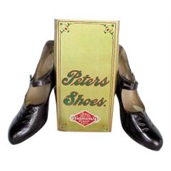 Peter's Shoes lithographed tin shoe display w/pair vintage shoes.