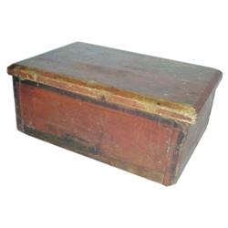 Small wooden box w/hinged lid & old red paint w/black details, chamfered top, 15" W.