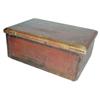 Image 1 : Small wooden box w/hinged lid & old red paint w/black details, chamfered top, 15" W.