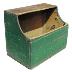 Primitive wood box, pine w/dark green paint & square nails, 32"W x 26"H.