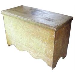 Pine lift top dough box w/scalloped apron, great old mustard paint w/wonderful alligator finish.