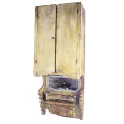 2 door hanging dressing mirror w/comb shelf & towel bar, old dry mustard paint, fancy cutout, 40"W x