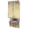 Image 1 : 2 door hanging dressing mirror w/comb shelf & towel bar, old dry mustard paint, fancy cutout, 40"W x