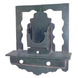 Green hanging shelf w/2 drawers w/porc. knobs, scalloped trim,  comp. for mortar & pestle, 17"W x 17