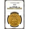 Image 1 : Brazil 1727 M, Gold 20,000 Reis, Rare Date, NGC MS-63