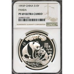 China 1993 P, Silver 10 Yuan, Panda, Proof version, NGC PF-69 Ultra Cameo