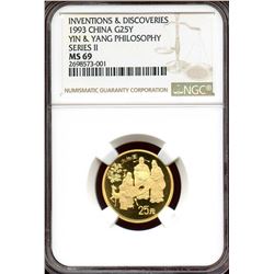 China 1993, Gold 25 Yuan, Fu, Lu, and Shu, Inventions & Discoveries, NGC MS-69