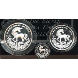 China 1994, Silver Unicorn Proof Set, 12 ounce, 5 ounce, 1 ounce, Box and COA