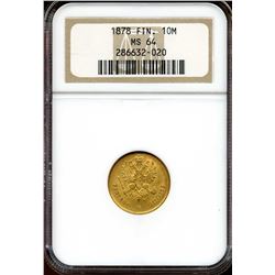 Finland 1878 S,  Gold 10 Markkaa, NGC MS-64 Choice