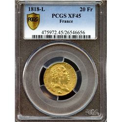 France 1818-L Gold 20 Francs, King Louis XVIII, PCGS XF-45