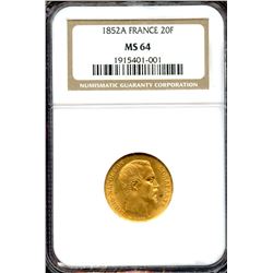 France 1854, Gold 20 Francs, Louis-Napoleon Bonaparte, NGC MS-64