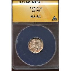 Japan 1873, Silver 10 Sen, Meiji year 6, ANACS MS-64