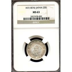 Japan 1874, Silver 20 Sen, Meiji year 7, NGC MS-63