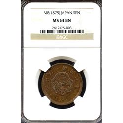 Japan 1875, Copper 1 Sen, Dragon, Meiji year 8, NGC MS-64 BN