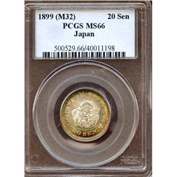 Japan 1899, Silver 20 Sen, Fantastic rainbow toning, PCGS MS-66