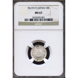 Japan 1917, Silver 10 Sen, Taisho year 6,  Super gem, NGC MS-67