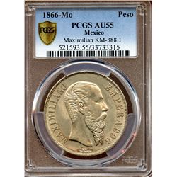 Mexico 1866, Silver 1 Peso, Maximillian, Choice problem-free, PCGS AU-55