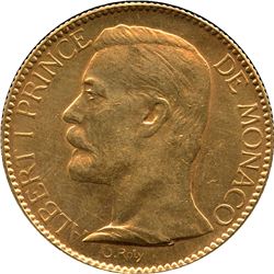 Monaco 1901, Gold 100 Francs, 0.9335oz AGW, King Albert, Grade UNC