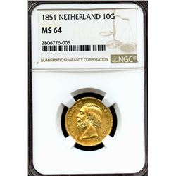 Netherlands 1851, Gold 10 Gulden, RARE, NGC MS-64