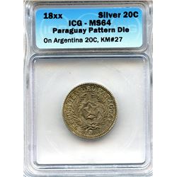 Paraguay 18xx, Silver 20 Centavos, Pattern, ICG MS-64
