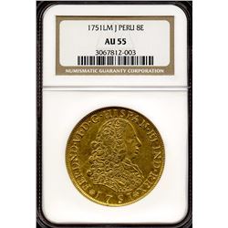Peru 1751, Gold 8 Escudos, Lima, NGC AU-55
