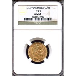 Venezuela 1912, Gold 20 Bolivares, NGC MS-64