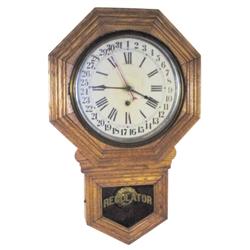 Schoolhouse calendar regulator clock, oak case, 27 H.