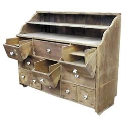 11 drawer hanging spice cabinet w/ porcelain pulls, pine.