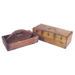 Lot of 2:  Dovetailed box w/fancy brass hinges, 17  L & Primitive wooden silverware caddy w/sq. nail