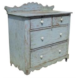 4 drawer painted dresser, robin's egg blue w/porcelain knobs & scalloped back, 38"W x 35"H.