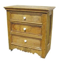 3 drawer pine chest w/porcelain knobs, trimmed out drawers, 30"W x 32"H.